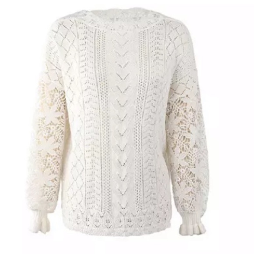 Last 1 S & 5 Star Rated! New Trendy Chic Knit Slouchy Sweater w Crochet Sleeves - Picture 7 of 8